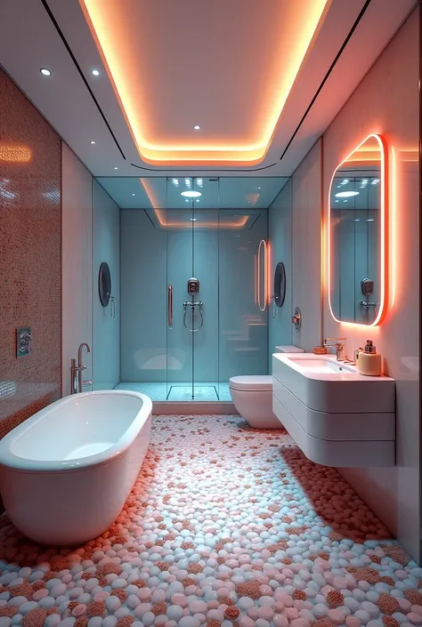  Pov a modern bathroom ,  with shower , Jacuzzi , bathtub,  and other furniture ,  with beautiful floor ,  and everything with capsule corp dragon ball design