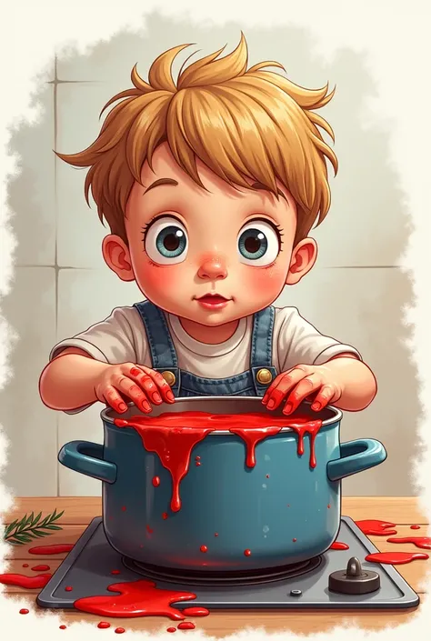  give me an image of a boy with his hands obviously full of a red substance and who can be seen holding a hot pot on the stove saying something to his mother who is behind him all in the form of a drawing , The boy with a surprised expression , Make a comi...