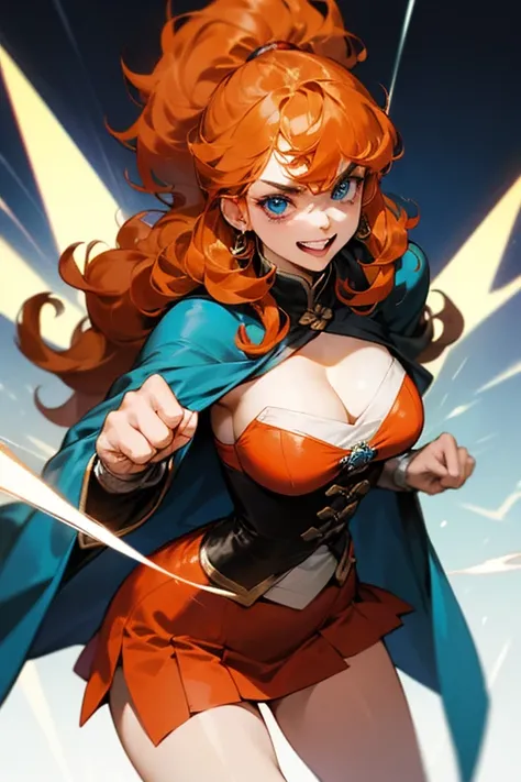 woman　 orange hair　Curly hair　cleavage、,she haves  Cowlick on the top of the head、Long hair,bangs, looks at me,  grin,　get angry, punch out 
, blue eyes,Thighs、cloak with cape