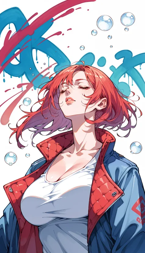 1girl, Alone, Chest, Viewer,  Simple background ,  white background , big breasts, Lazy,  with eyes closed , Dye your hair red, Bubbles,  functional style jacket,  upper body, Open clothes, abdomen, From below, open jacket, Lips, oversized jacket , Graffit...