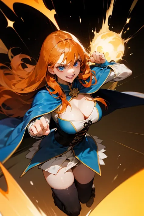 Women 、orange hair,cleavage、,she haves  Cowlick on the top of the head、Long hair,bangs, looks at me,  grin,　get angry, punch out、cloak with cape, blue eyes, black stockings、Thighs