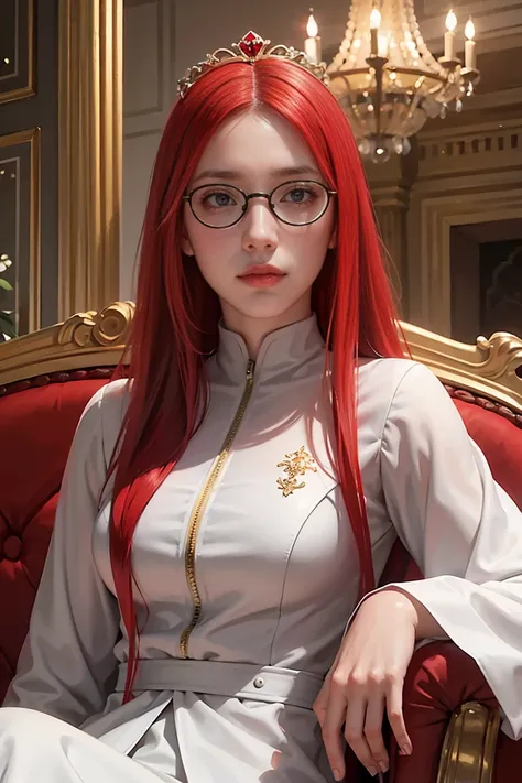 1 Girl, sitting on the classical European sofa, white skin, red hair, long hair with slight curls, red vouluminous hair, crown on her head, exquisite and beautiful big red eyes,, glasses exquisite features, detailed features, exquisite and gorgeous uniform...