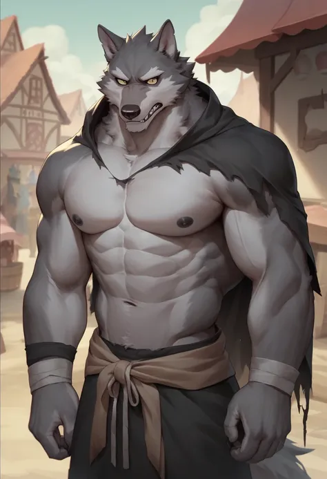 Gray furry wolf, 2,5 tall, medianly muscular, using/wearing, many black ripped and worn rags, and other black type of rags, in a town, the best quality, HD, 2K, wooden market, trying to hide in her rags, trying to cover hims face, warm atmosphere, using a ...