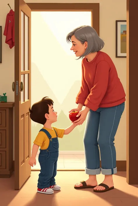 cartoon cute, mum of the boy, she is speaking with his son . she is around 45 years old. 
she has a square cut. she is wearing a red sweatshirt. She has sandals .the boy comes home and he sees his mother.  the boy is the same as the picture he is wearing a...