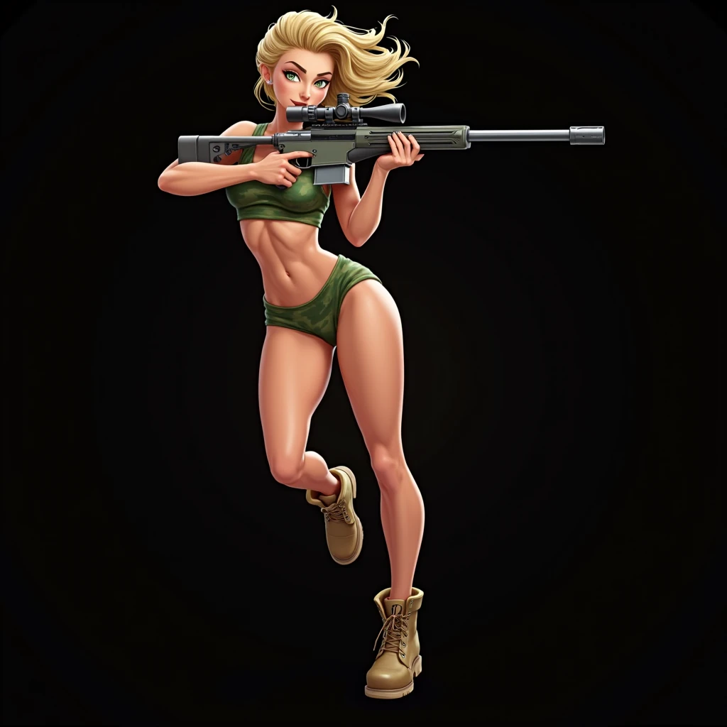 Full body view, close-up with shallow depth of field, good exposure, sharp focus of a european young woman with beautiful face, wavy blonde hair, expressive eyes, perfect fit body, wearing in a green camouflage crop top and tight-fitting matching shorts, p...