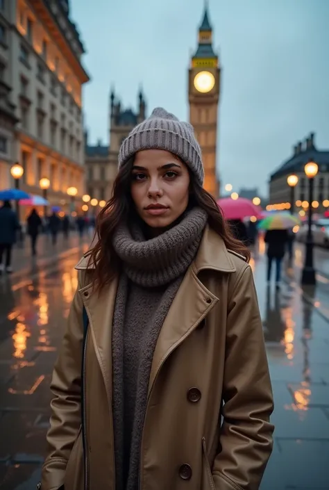 Il s’agit d’une photographie en haute résolution d’une femme latine, probablement au milieu de la vingtaine, debout devant Big Ben à Londres par un jour pluvieux. Elle porte une tenue chaude composée d’un long manteau épais, d’une écharpe enroulée autour d...