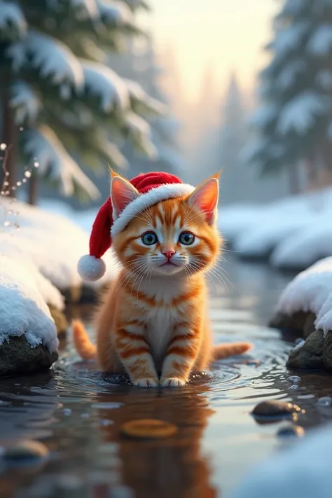 Speckled red kitten with a Christmas hat sitting in a stream