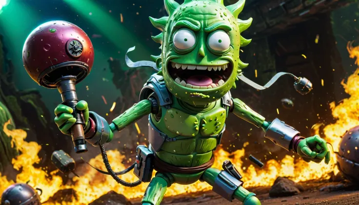 highly detailed 4K photorealistic photo of pickle Rick from Rick and Morty, pickle Rick in martial arts robotic armor fighting alien monsters. highly detailed, ultra graphical, vibrant colours, in the style of Rick and Morty.