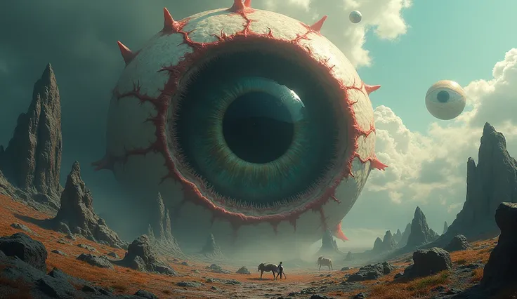 a giant floating eye with a wide open mouth, extremely detailed, photorealistic, 8k, hyperrealistic, vivid colors, dramatic lighting, cinematic composition, surreal, fantasy, science fiction, digital art, concept art, highly detailed iris and pupil, reflec...