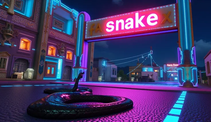 a sign board saying Snake in cyberpunk futuristic music studio building with mystical futuristic arccetechtural designs, a text FAK x ANZ prominently visible with neon text on road, a snake with neon silk skin on the road. 