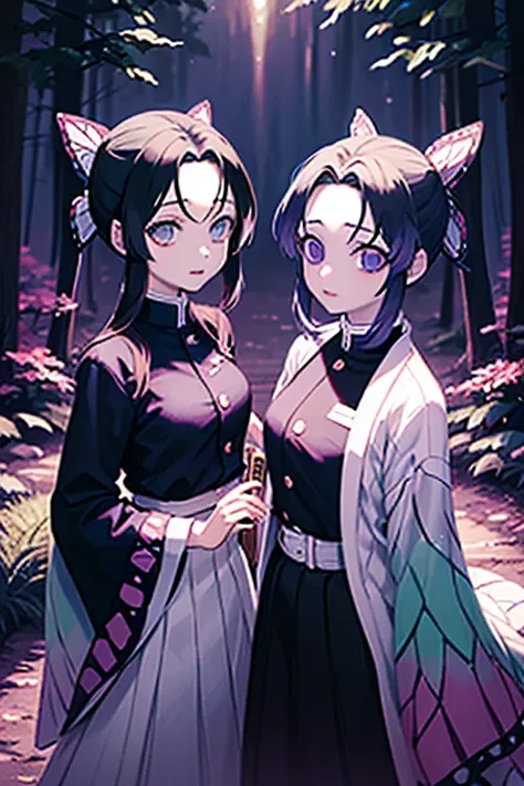 Two young women resembling Shinobu Kocho from Kimetsu no Yaiba, standing side by side. Both have identical appearances with delicate facial features, pale skin, and large purple eyes. They wear similar Demon Slayer uniforms and butterfly-themed haori with ...