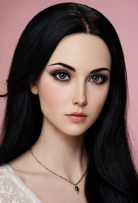  Create a very feminine woman ,  with very long black hair,  with not so big eyes ,  her eyes are hazel , a large forehead ,  normal but slightly thin eyebrows , normal lips,  a slightly large nose ,  her skin is almost pale white .