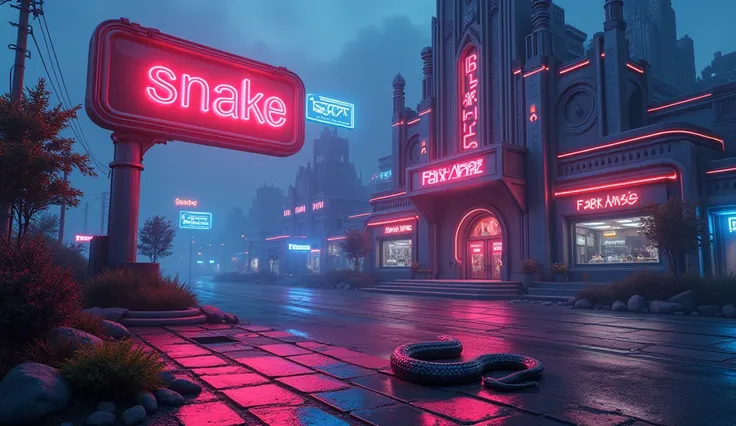 a sign board saying Snake in cyberpunk futuristic music studio building with mystical futuristic arccetechtural designs, a text FAK x ANZ prominently visible with neon text on road, a snake with neon silk skin on the road. 