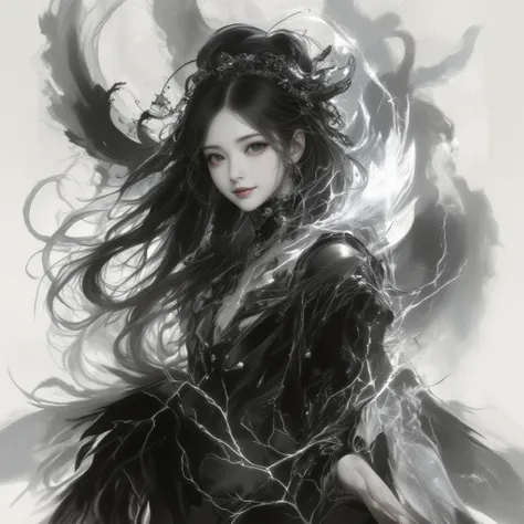 Spirit of the wind, by Bastien Lecouffe,a magical fine art portrait of an East Asian woman in the style of Stefan Gesell, reimagined in traditional Shuimo (Chinese ink wash) painting style. She is enveloped in mystery, surrounded by an ethereal backdrop, h...