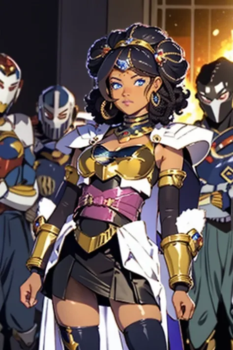 Half body shot of black woman surrounded by glittering bursting mirror glass particles, dressed in african designed attire, her image partially blurry, blue eyes and curly hair, skirt,  battle suits,  battle  gauntlet 
