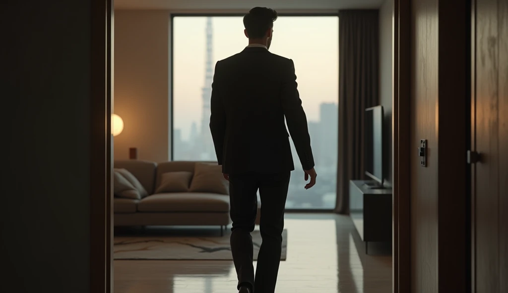 a handsome young adult man with short black hair with a slickback haircut in a suit facing backwards,entering his minimal modern apartment through the door, realistic details, beautiful lighting, high quality, photorealistic, cinematic, dramatic, intricate...