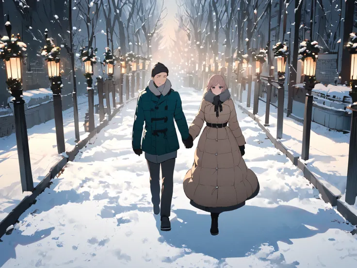 winter　 male and female couples　 holding hands　Promenade