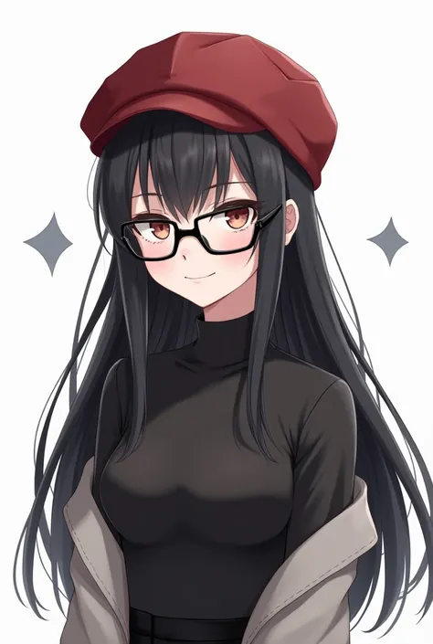  She is a sexy anime girl ,  with long black hair and a red wool cap  , with black lenses ,  and with a short sleeve black blouse and a gray blouse and in the center a small gray almost black star,  with white background 