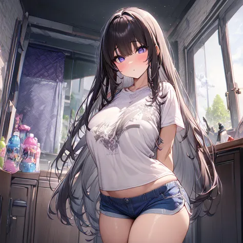 Anime, high detailed, Kashino, big bosom, curvy beauty body, shy smile, short T-shirt, short shorts, a bottle of shampoo inside the waistband of her shorts ((the shampoo bottle is hidden inside the waistband of her shorts)), bottle of shampoo is inside her...