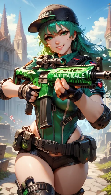 ultra-detailed, 1girl, solo, ((masterpiece)), (best quality), (highres), 16K, green eyes, green hair, long hair, cap, wearing tactical gear, fingerless gloves, tactical belt, knee pads, black thong, boots, busty body, large breasts and a beautiful ass, sho...