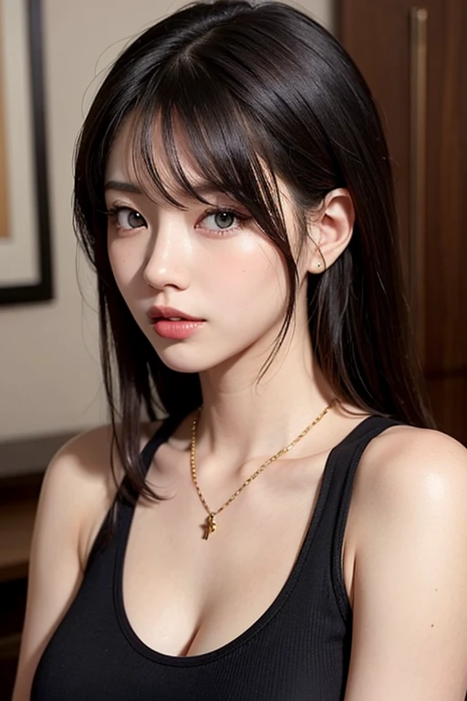 A beautiful Korean woman, wearing a modest red and white tank top, close up, 8K, realistic, extremely sexy and hot and attractive, very detailed, professional, very sharp, physically-based rendering, long eyelashes, extra-fine face, layered hair style, ext...