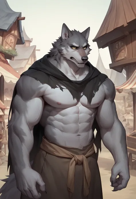 Gray furry wolf, 2,5 tall, medianly muscular, using/wearing, many black ripped and worn rags, and other black type of rags, in a town, the best quality, HD, 2K, wooden market, trying to hide in her rags, trying to cover hims face, warm atmosphere, using a ...