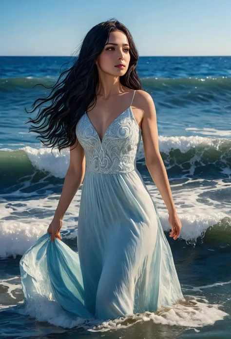 beautiful woman with long black hair standing in the sea, serene ocean waves, clear blue sky, bright sunlight, detailed realistic portrait, highly detailed, 8k, photorealistic, masterpiece, ultra-detailed, dramatic lighting, ocean background, calm expressi...