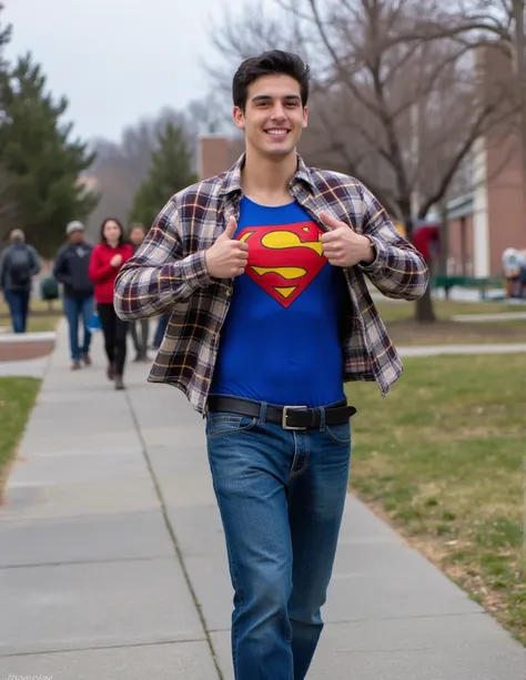 Superman ,a 22-year-old, attractive, a plaid shirt with muscular,blue dress jeans (tearing his plaid student shirt:2) hands making heart shape, taking off an unbuttoned plaid shirt, showing the blue Superman suit  with s logo, He running with big strides a...