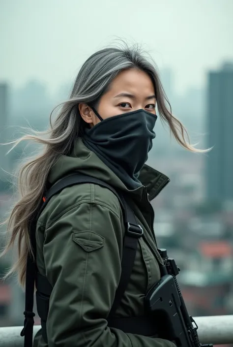 A beautiful still very young looking 50 years old gray haired Vietnamese female sniper with long gray hair as a sniper wearing a cloth mask standing on the roof of a high-rise building