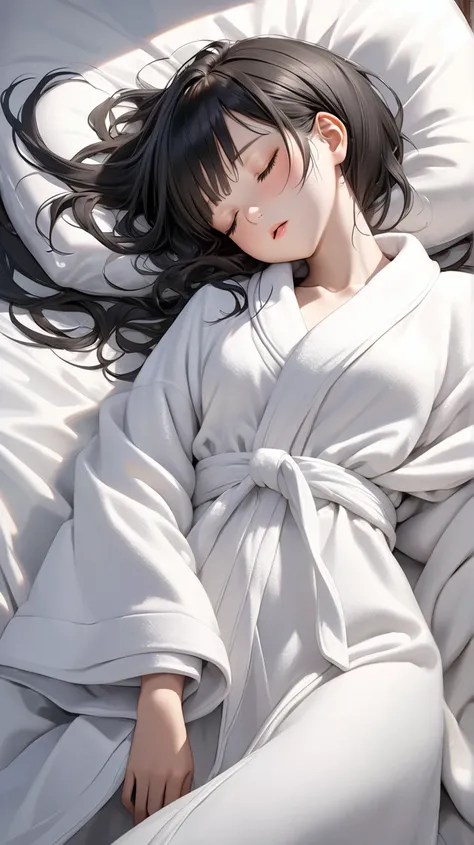 Ultra-realism
Girl sleeping on her back
Mouth open
Black hair
white bathrobe
barefood