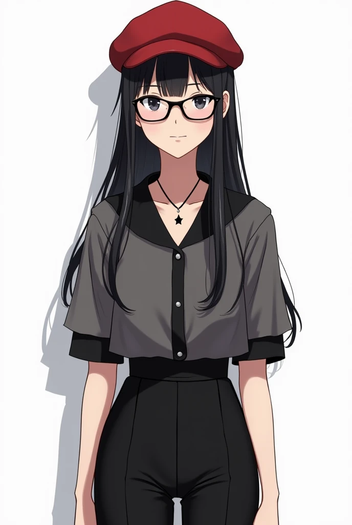  Shes a sexy anime girl,  with long black hair and a red wool cap  , with black lenses ,  and with a short sleeve black blouse and a gray blouse and in the center a small gray almost black star, Stylish model  y2k, Stylish model , with white background 