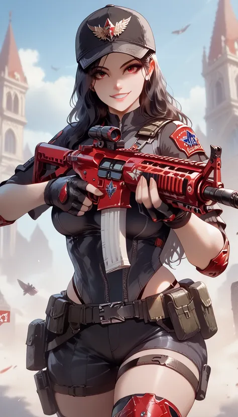 ultra-detailed, 1girl, solo, ((masterpiece)), (best quality), (highres), 16K, red eyes, black hair, long hair, cap, wearing tactical clothes, fingerless gloves, tactical belt, knee pads, black thong, busty body, large breasts and a beautiful ass, showcasin...