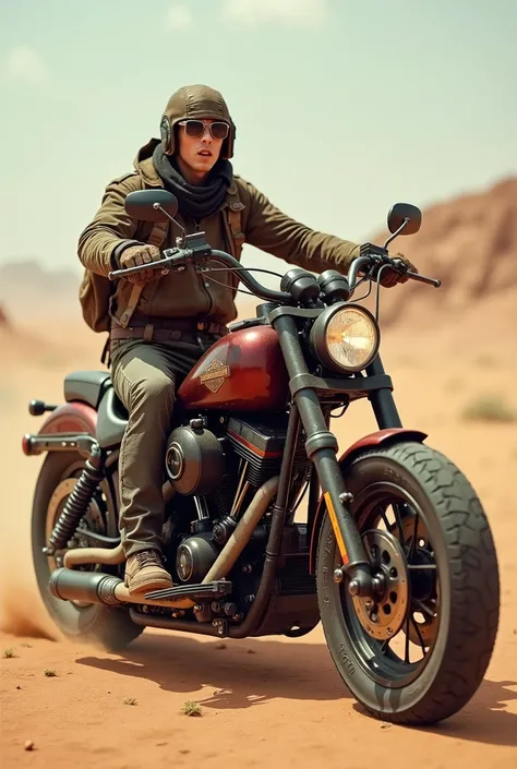 Harley-Davidson Fat Boy，maroon colored，Retro，madmax young rider ,The mechanical feel is full，Form in the desert