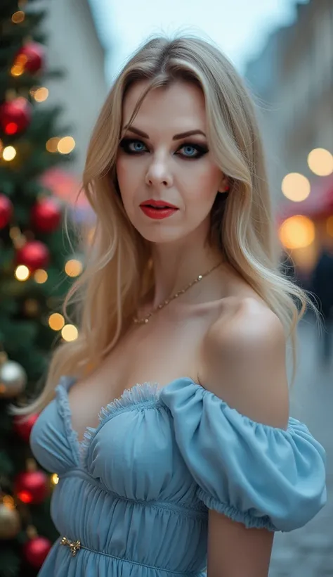 1 girl,  sexy ,  a beautiful face ,  Gorgeous,  a beautiful face ,  pale skin, parts,  Blonde hair,  blue eyes , full and shiny lips,  big lips, thick lips, half-open lips,  lip gloss in light pink  , young face, dressed in a beautiful pale blue dress,  ch...