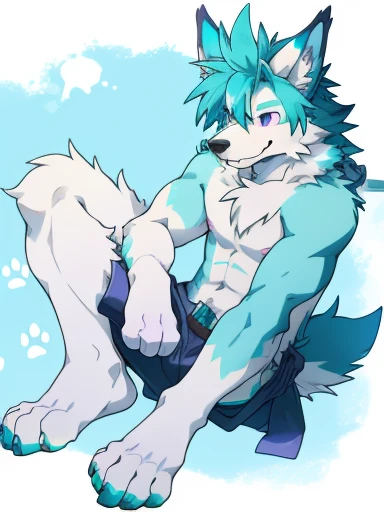 male, anthro, furry, dog (arctic wolf), solo male, fur texture, soft expression, smiling, messy fur, turquoise paws, lightly spiky turquoise hair, purple eyes 