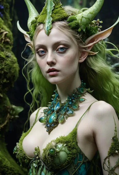 Looks like Dakota Fanning, Closeup of a sexy busty Surreal moss Elf with pointy ears in the styles of Ernst Haeckel, Arthur Rackham, Roger Dean, Jeff Wall, by Wolfgang Tillmans, Brooke Shaden $etching drawing illustration$ resin
detailed matte painting, de...