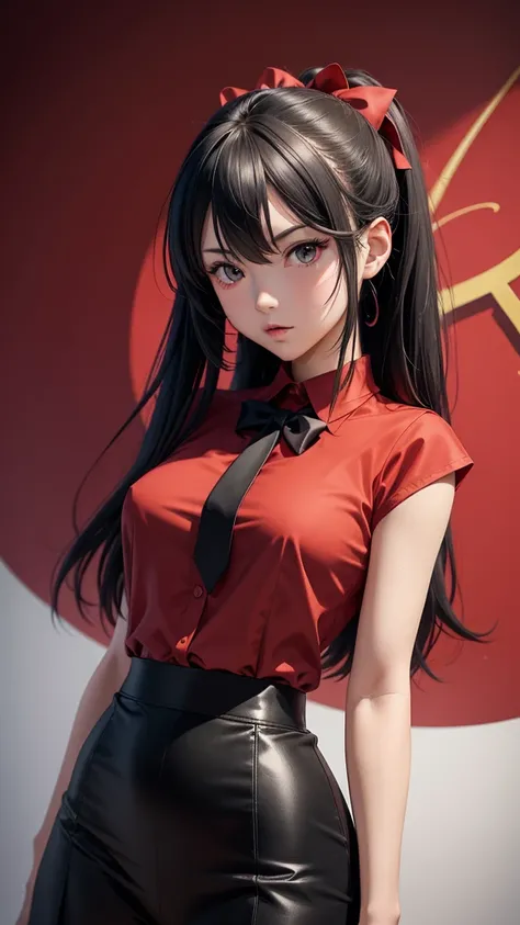  anime girl in a red shirt and black tie poses for a photo, Ian J.,  extremely detailed artegerm , Rin Tosaka , artegerm jsc,   guweiz Artwork style  ,  beautiful digital art , artegerm.   high detail ,  Murata and Artegerm range ,  artegerm style , even m...