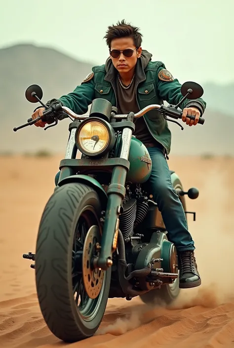 Harley-Davidson Fat Boy，dark teal colored，Retro，madmax young rider ,The mechanical feel is full，Form in the desert