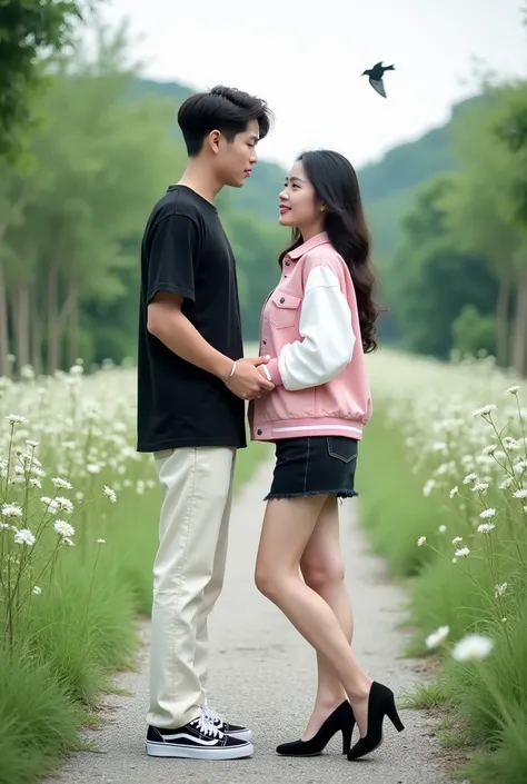  professional photography  , pasangan pria dan wanita original orang Korea , they both held hands while posing facing the fore, the man wears a black t-shirt  ,  wears a white and black versity jeans jacket  , wearing cream colored trousers ,  wears sneake...