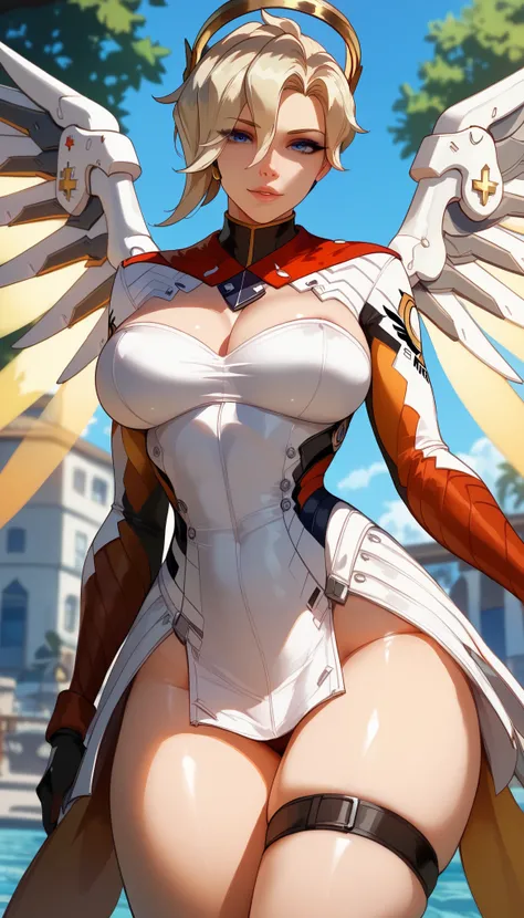  perfect eyes、 perfectly sexy face、 ultra detailed、ultra perfect eyes、mercy、Blizzard、 shiny hair 、( Big breasts ), showing cleavage、Tight Waist、 thin waist 、May、 Thigh straps 、 shiny skin、Beleza、erotic、series、 looking at the viewer、