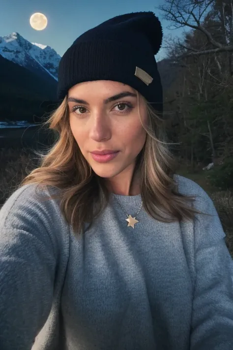 photo realistic, best quality, hyper detailed, gorgeous woman, selfie photo, upper body, only, sweater wearing, al fresco, (night), mountains, nature in real life, stars, moon, (cheerful, happy), sleeping bag, gloves, sweater, beanie, torch, forest, rock, ...