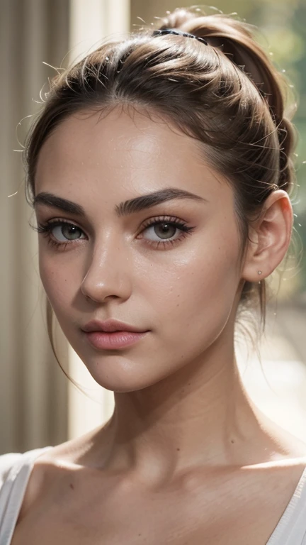  Masterpiece. limelight, thin face fleshy mouth ,  big light brown eyes ,  Long eyelashes,  arched eyebrows , thin and upturned nose, soft and perfect skin,  most beautiful face in the world ,  straight hair tied up ponytail.  hyper realistic , ultra detai...