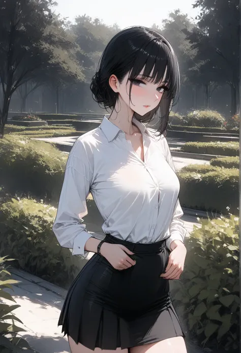 (masterpiece, best quality:1.2), 1 girl, alone, sexy, (office_black_skirt), (white_oxford_shirts:1.2), (office look female), cowboy shot, black hair, black eyes, standing, calm, elegant expression, looking at the viewer, (outdoor, garden) 