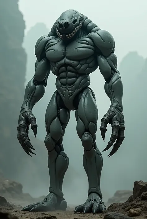 Large, humanoid , with human proportions ,  is a biomechanical creature with claws on its hands and four fingers,  gray-black eye cavities ,  standing full length , neck, large shoulders ,  black eye cavities .