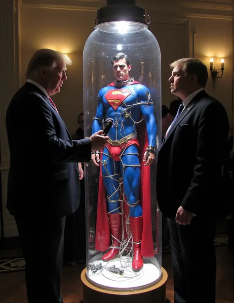 Superman was put Inside a large glass Tube with his limbs bound by many power generation circuits.Superman look at US President Trump holding a remote control in his hand. Supermans expression like idiot from Trump. Trump US President is very happy. US Pre...