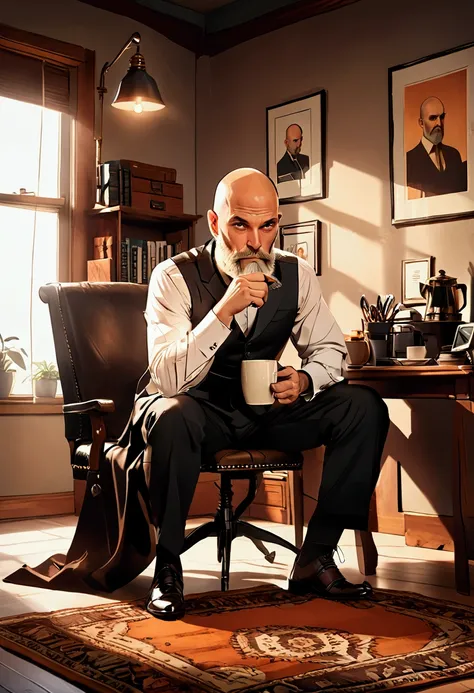 a beautiful bald man with a long white beard sitting in his office drinking coffee, a beautiful wife kneeling before him, detailed portrait, photorealistic, high quality, 8k, hyperrealistic, realistic lighting, chiaroscuro, dramatic shadows, elegant office...