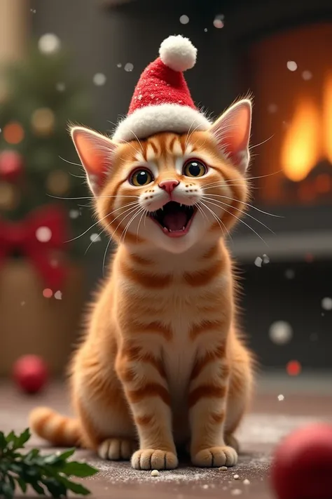  Cat in a Christmas hat doing the mewing