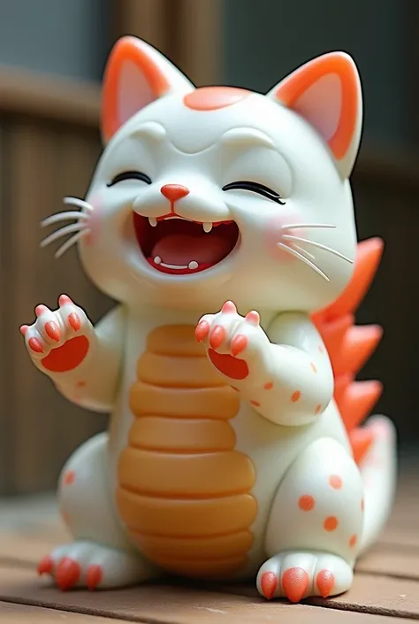 Make a 3D Japanese-style sofubi toy design of a godzilla cosplay cat art toy transparent