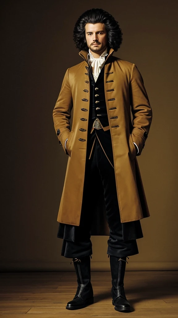 A guy,stands at full height from head to toe, dressed in Coat, pants, boots, in the style of the 17th century