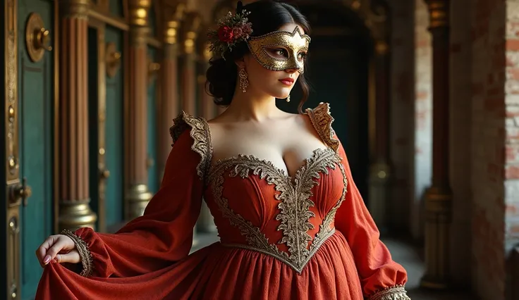 A girl sexy bbw in a flowing dress with Renaissance-era inspired details, paired with brass gears and a Venetian mask, exuding an air of sophistication.